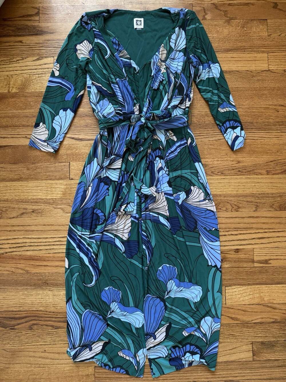 Anne Klein Womens Green Blue Floral Iris Faux Wrap Midi Dress Sz S Work Casual